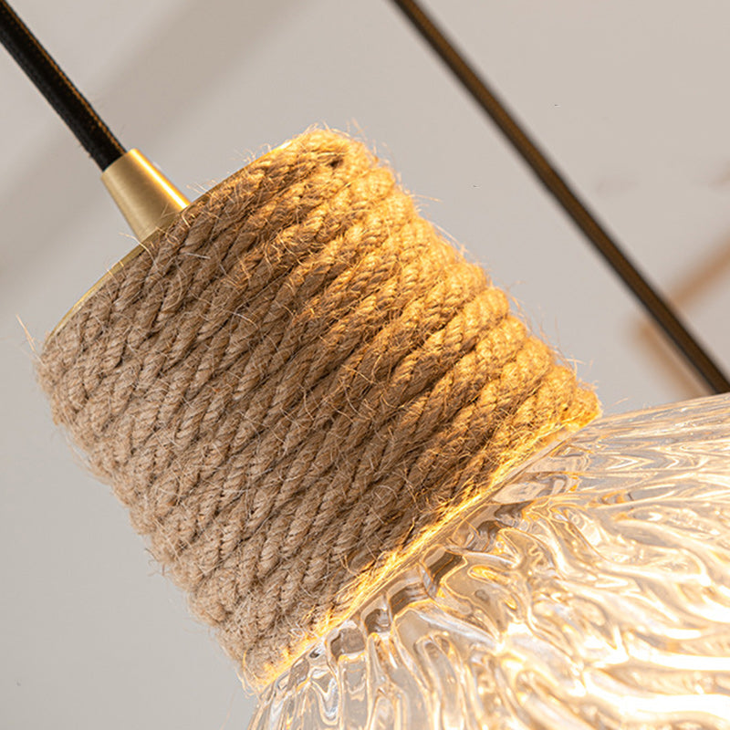 Suspension Luminaire Conique Ondulé en Cuivre, Bois, Verre et Corde de Chanvre Traditionnel Japonais 1/3 Lumière pour Salle à Manger 