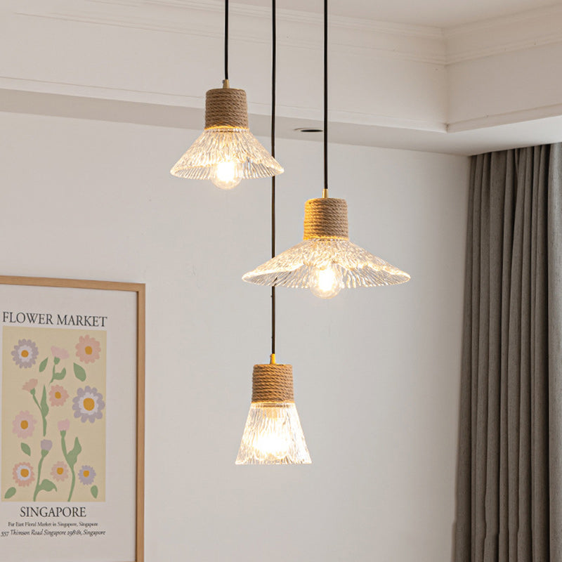 Suspension Luminaire Conique Ondulé en Cuivre, Bois, Verre et Corde de Chanvre Traditionnel Japonais 1/3 Lumière pour Salle à Manger 