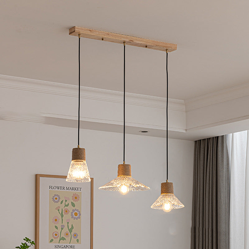 Suspension Luminaire Conique Ondulé en Cuivre, Bois, Verre et Corde de Chanvre Traditionnel Japonais 1/3 Lumière pour Salle à Manger 