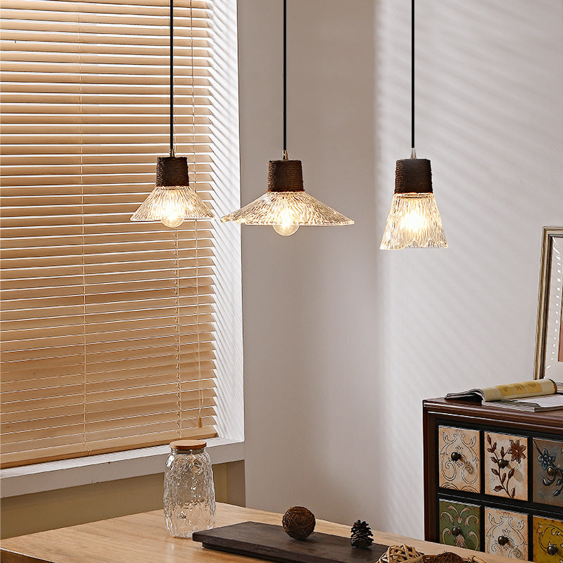 Suspension Luminaire Conique Ondulé en Cuivre, Bois, Verre et Corde de Chanvre Traditionnel Japonais 1/3 Lumière pour Salle à Manger 