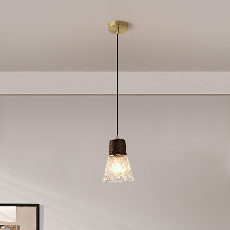 Suspension Luminaire Conique Ondulé en Cuivre, Bois, Verre et Corde de Chanvre Traditionnel Japonais 1/3 Lumière pour Salle à Manger 