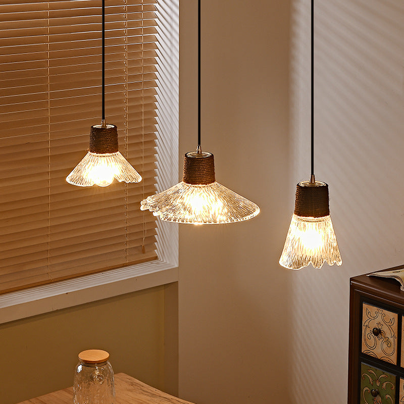 Suspension Luminaire Conique Ondulé en Cuivre, Bois, Verre et Corde de Chanvre Traditionnel Japonais 1/3 Lumière pour Salle à Manger 