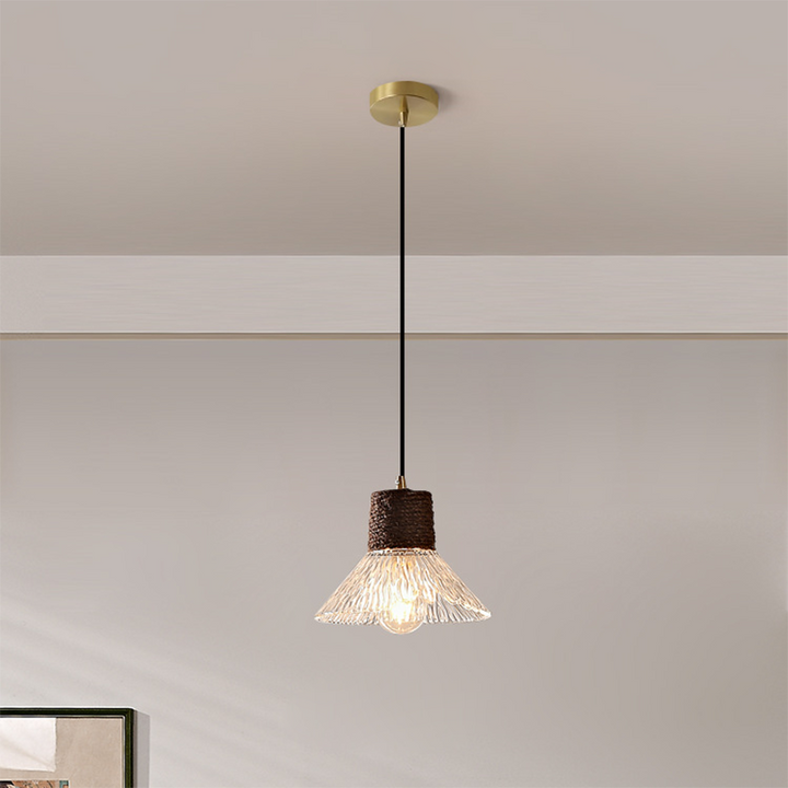 Suspension Luminaire Conique Ondulé en Cuivre, Bois, Verre et Corde de Chanvre Traditionnel Japonais 1/3 Lumière pour Salle à Manger 