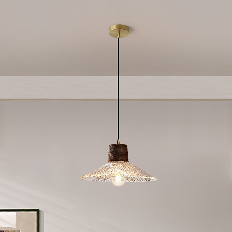 Suspension Luminaire Conique Ondulé en Cuivre, Bois, Verre et Corde de Chanvre Traditionnel Japonais 1/3 Lumière pour Salle à Manger 