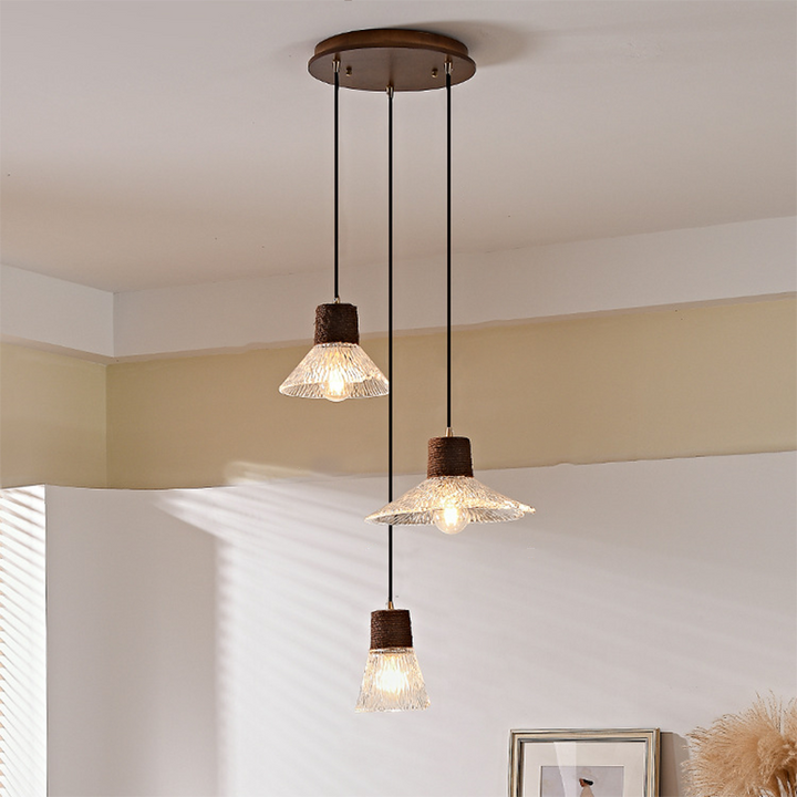 Suspension Luminaire Conique Ondulé en Cuivre, Bois, Verre et Corde de Chanvre Traditionnel Japonais 1/3 Lumière pour Salle à Manger 