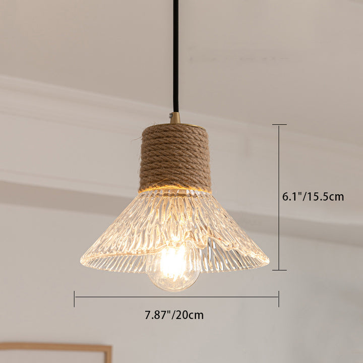 Suspension Luminaire Conique Ondulé en Cuivre, Bois, Verre et Corde de Chanvre Traditionnel Japonais 1/3 Lumière pour Salle à Manger 