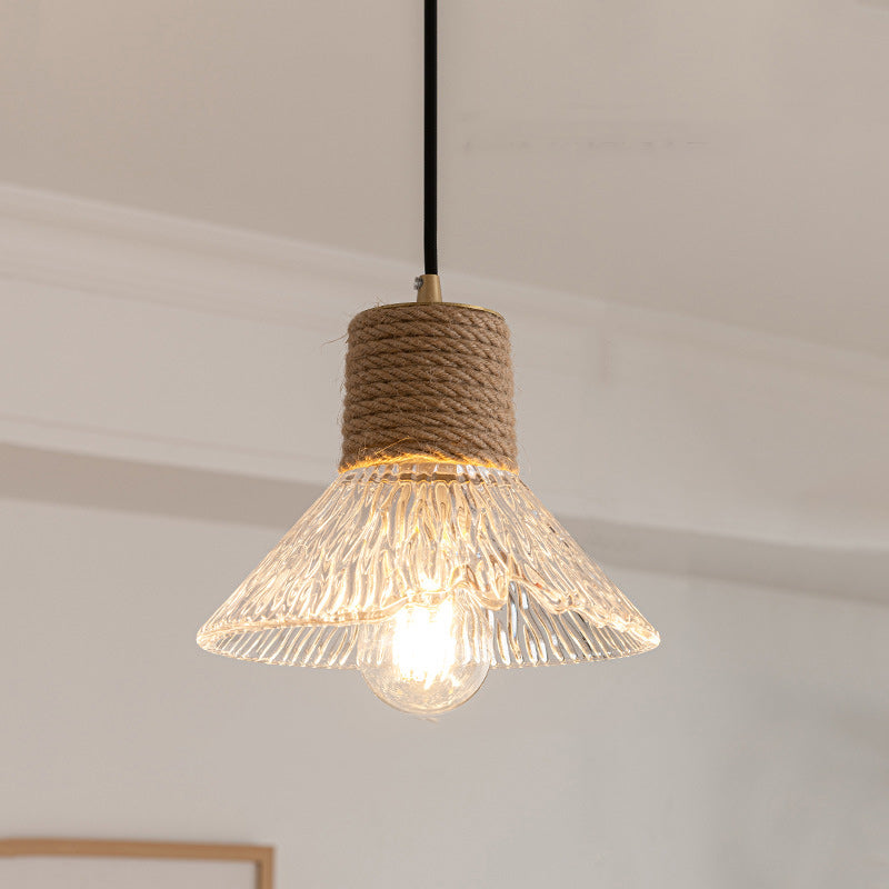 Suspension Luminaire Conique Ondulé en Cuivre, Bois, Verre et Corde de Chanvre Traditionnel Japonais 1/3 Lumière pour Salle à Manger 
