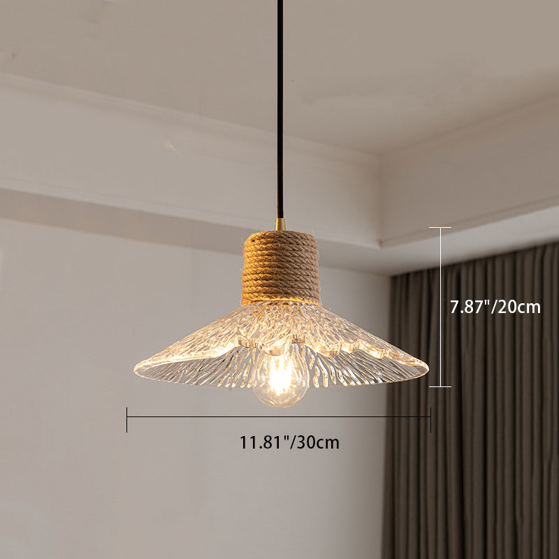 Suspension Luminaire Conique Ondulé en Cuivre, Bois, Verre et Corde de Chanvre Traditionnel Japonais 1/3 Lumière pour Salle à Manger 