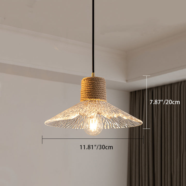 Suspension Luminaire Conique Ondulé en Cuivre, Bois, Verre et Corde de Chanvre Traditionnel Japonais 1/3 Lumière pour Salle à Manger 