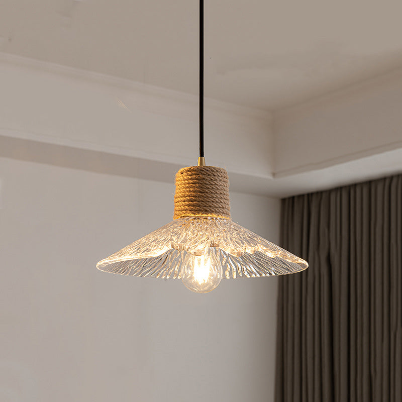Suspension Luminaire Conique Ondulé en Cuivre, Bois, Verre et Corde de Chanvre Traditionnel Japonais 1/3 Lumière pour Salle à Manger 