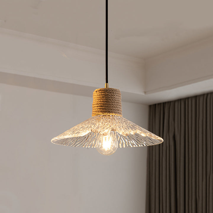 Suspension Luminaire Conique Ondulé en Cuivre, Bois, Verre et Corde de Chanvre Traditionnel Japonais 1/3 Lumière pour Salle à Manger 