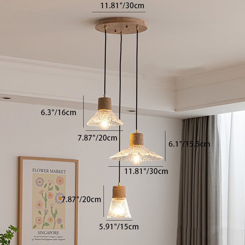 Suspension Luminaire Conique Ondulé en Cuivre, Bois, Verre et Corde de Chanvre Traditionnel Japonais 1/3 Lumière pour Salle à Manger 