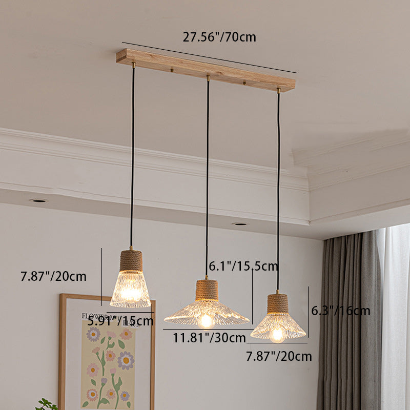 Suspension Luminaire Conique Ondulé en Cuivre, Bois, Verre et Corde de Chanvre Traditionnel Japonais 1/3 Lumière pour Salle à Manger 