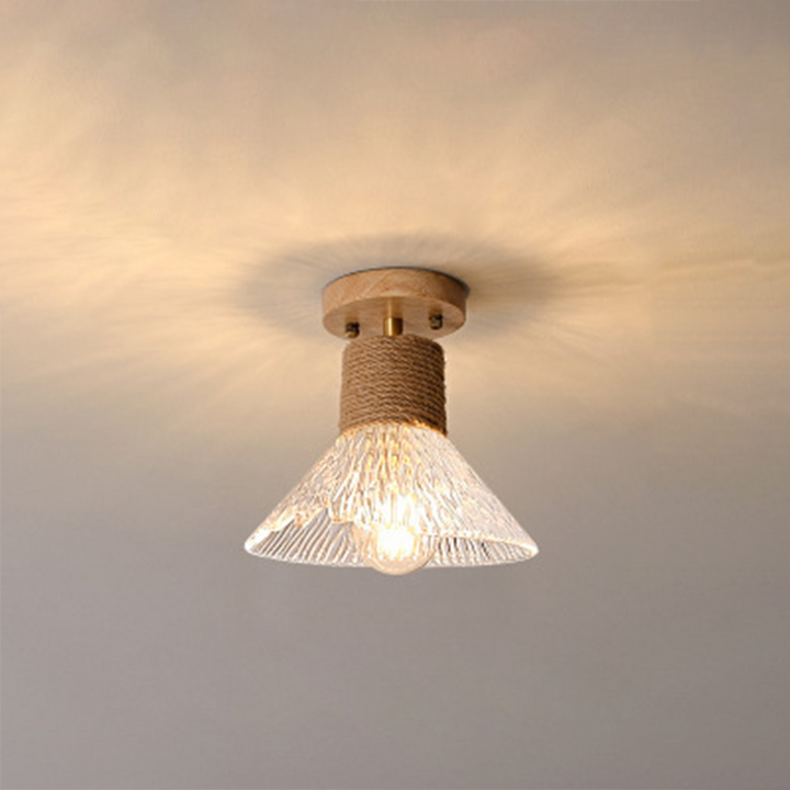 Lustre semi-encastré en cuivre, bois, verre, corde de chanvre japonais traditionnel à ondulation conique 1/6/8 pour couloir 