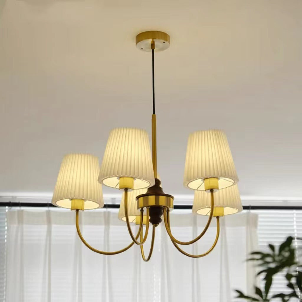 Zeitgenössische Retro Baumwolle Leinen Eisen Holz Zylinder Plissee 3/5 Licht Kronleuchter Für Wohnzimmer 
