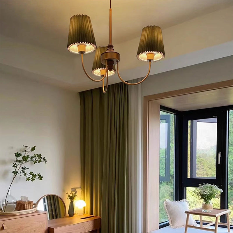 Candelabros contemporáneos retro de algodón, lino, hierro y madera cilíndricos plisados de 3/5 luces para sala de estar 