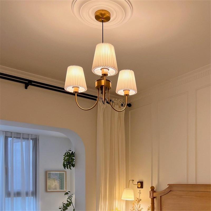 Candelabros contemporáneos retro de algodón, lino, hierro y madera cilíndricos plisados de 3/5 luces para sala de estar 
