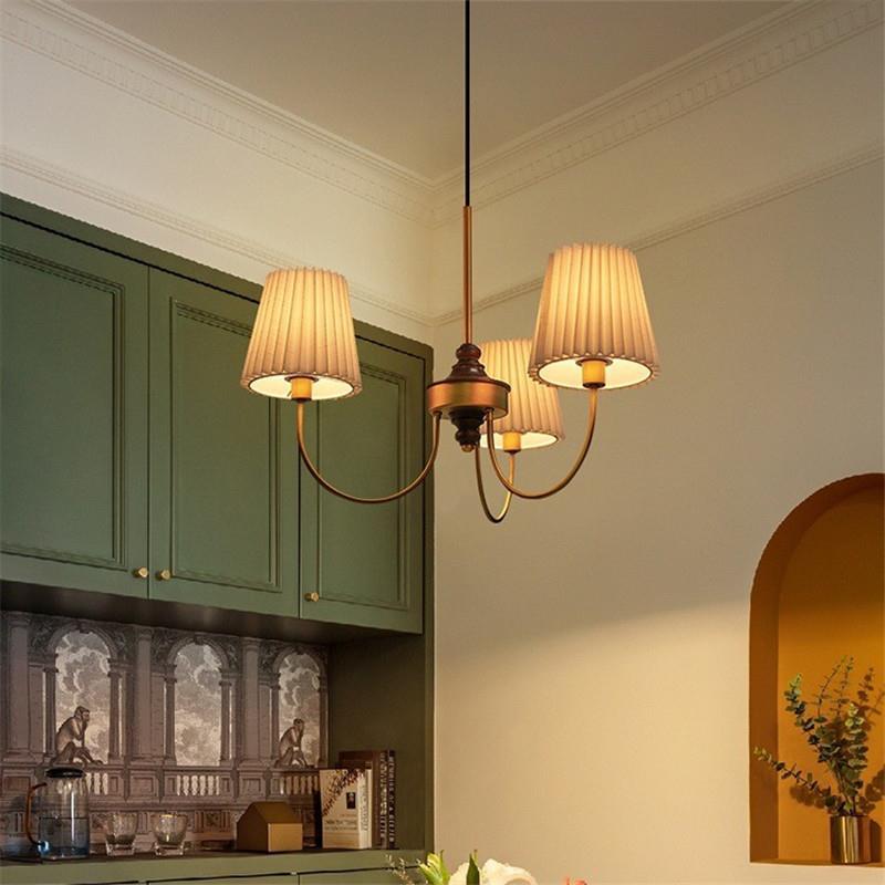 Candelabros contemporáneos retro de algodón, lino, hierro y madera cilíndricos plisados de 3/5 luces para sala de estar 