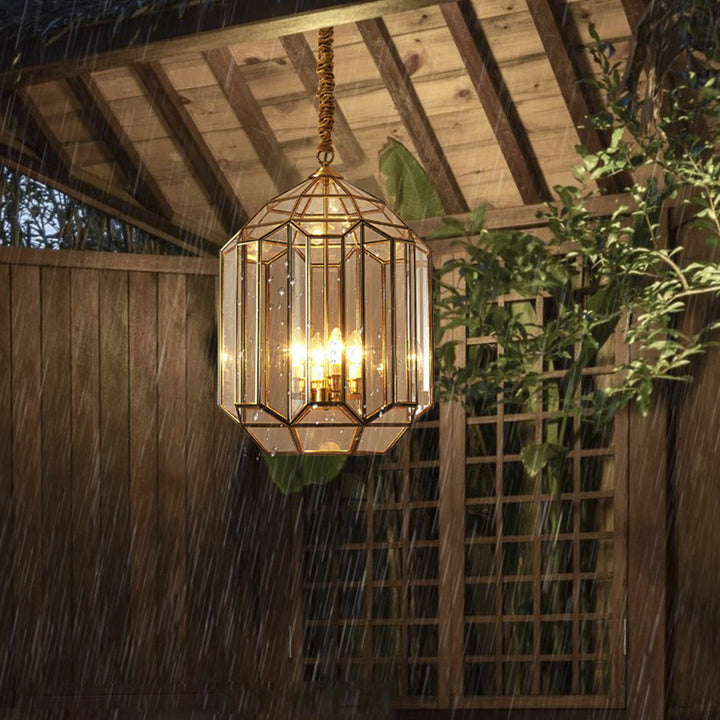 Lustres Modernes Mi-siècle Étanches en Cuivre et Verre en Cage Rhombique Cylindrique 1/3/4 Lumières pour Patio Extérieur 