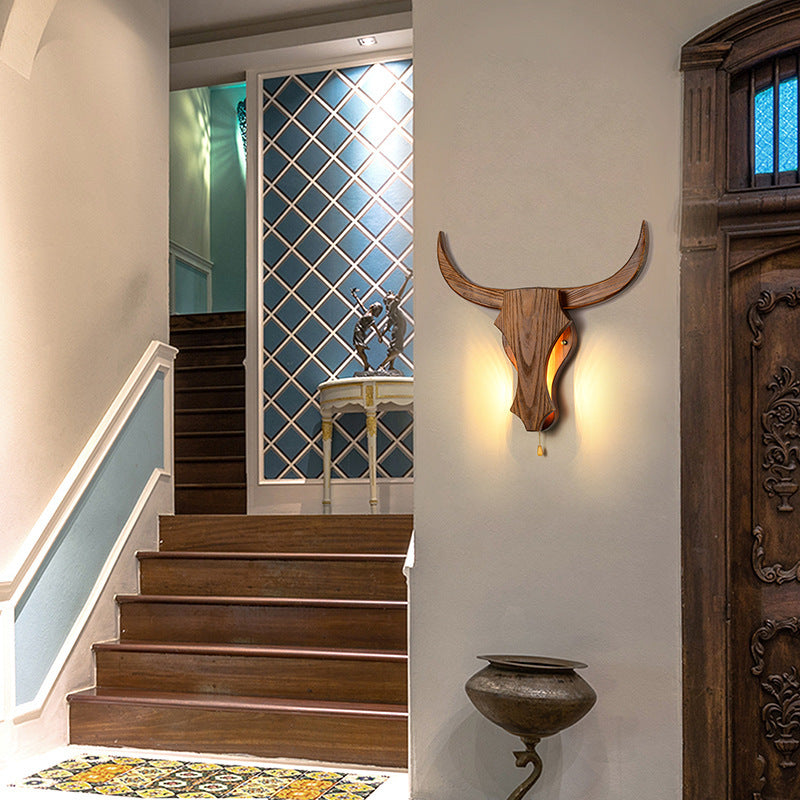 Applique murale LED tête de vache en bois massif rustique traditionnel pour couloir 