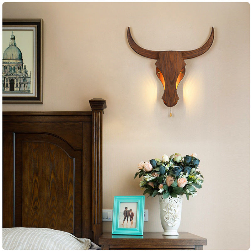 Applique murale LED tête de vache en bois massif rustique traditionnel pour couloir 