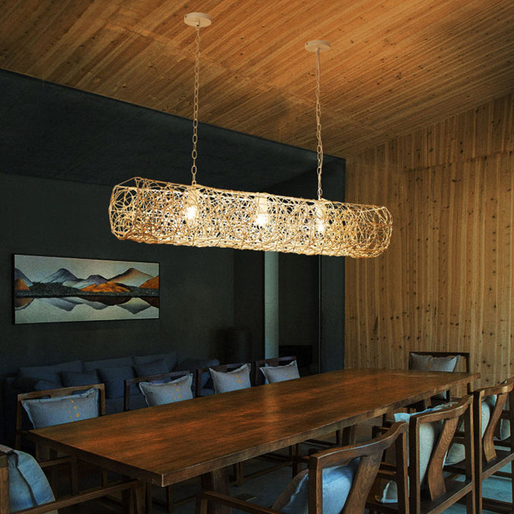 Traditionelle japanische Weberei Rattan Metall Zylinder langes Fass 2/3/4/6/7/9 Licht Kronleuchter Insel Licht für Esszimmer 