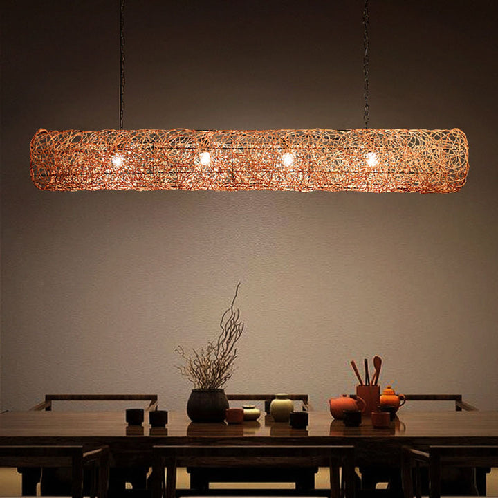 Traditionelle japanische Weberei Rattan Metall Zylinder langes Fass 2/3/4/6/7/9 Licht Kronleuchter Insel Licht für Esszimmer 