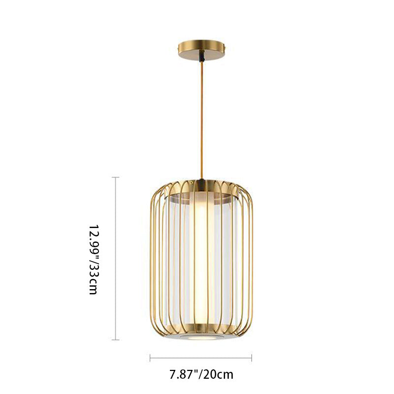 Modern Mid-century Iron Acrylic Cylinder Cage LED Pendant Light For Dining Room