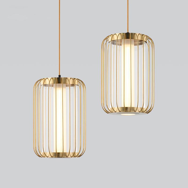 Modern Mid-century Iron Acrylic Cylinder Cage LED Pendant Light For Dining Room