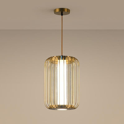 Modern Mid-century Iron Acrylic Cylinder Cage LED Pendant Light For Dining Room