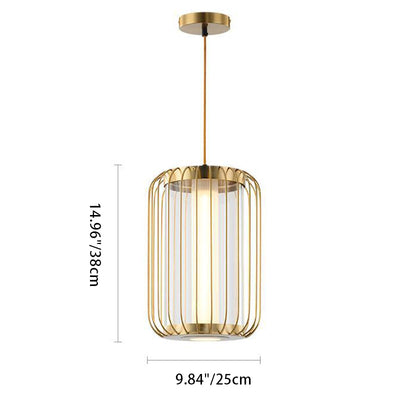Modern Mid-century Iron Acrylic Cylinder Cage LED Pendant Light For Dining Room