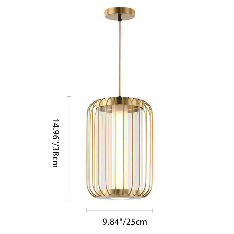 Modern Mid-century Iron Acrylic Cylinder Cage LED Pendant Light For Dining Room