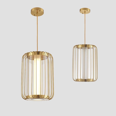 Modern Mid-century Iron Acrylic Cylinder Cage LED Pendant Light For Dining Room
