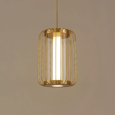 Modern Mid-century Iron Acrylic Cylinder Cage LED Pendant Light For Dining Room