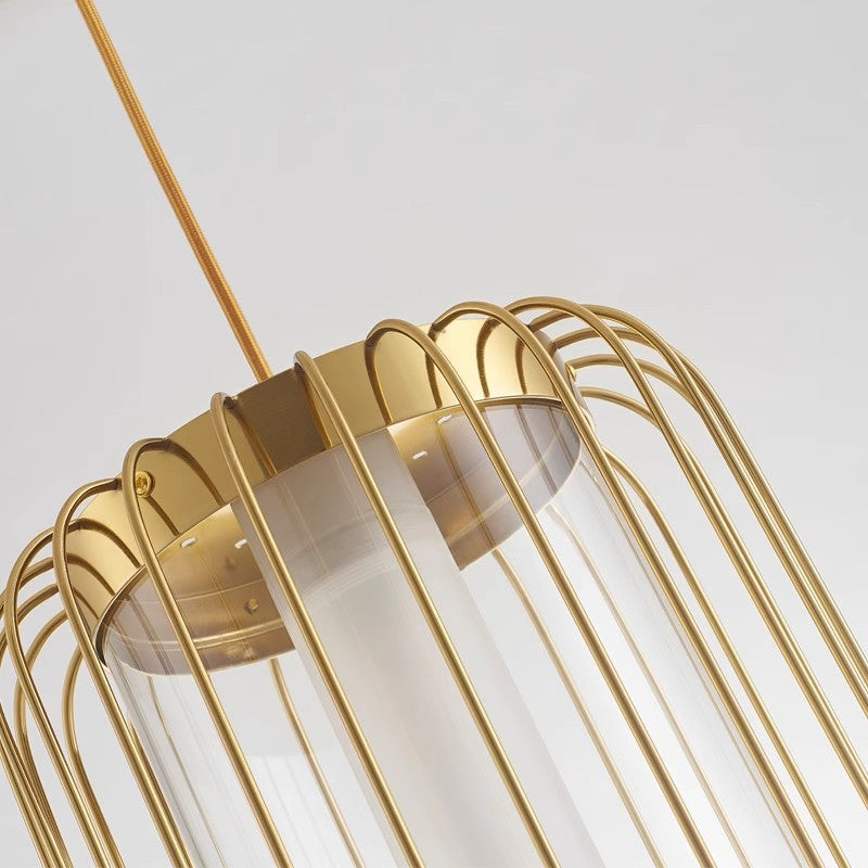Modern Mid-century Iron Acrylic Cylinder Cage LED Pendant Light For Dining Room