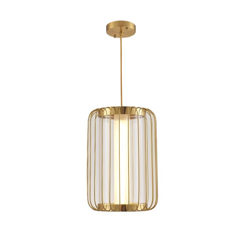 Modern Mid-century Iron Acrylic Cylinder Cage LED Pendant Light For Dining Room