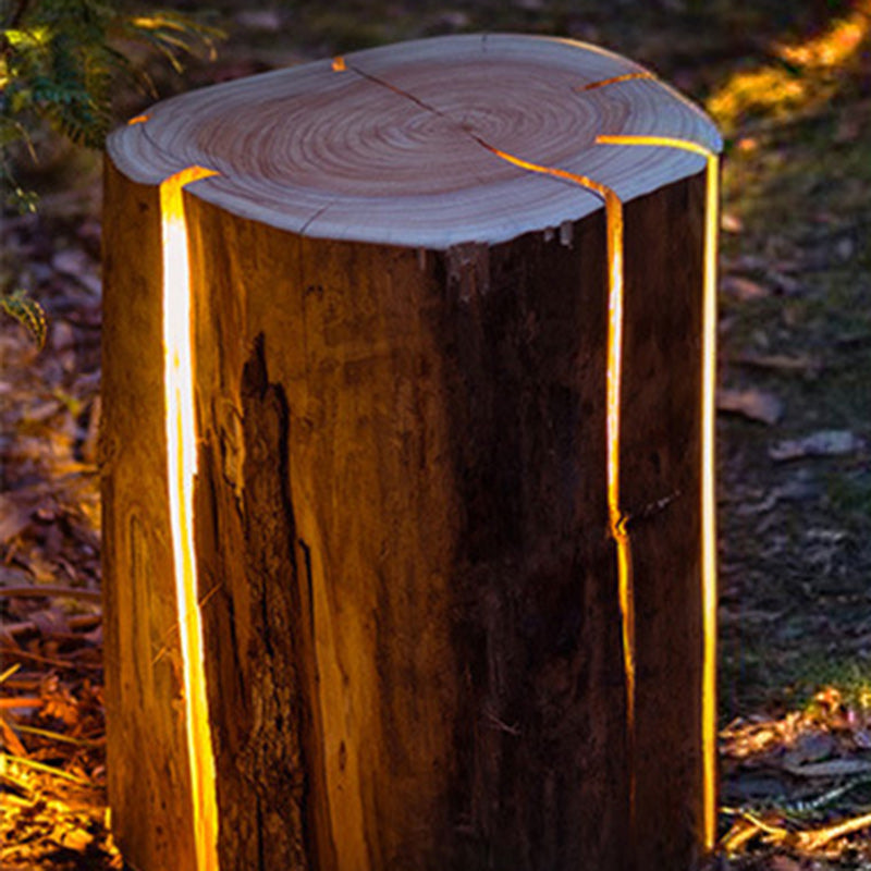 Moderne Art Deco Solar Wasserdichte Harz Fiberglas Zylinder Baumstumpf Holzmaserung LED Landschaft Beleuchtung Außen Licht Für Garten 