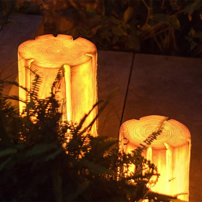 Moderne Art Deco Solar Wasserdichte Harz Fiberglas Zylinder Baumstumpf Holzmaserung LED Landschaft Beleuchtung Außen Licht Für Garten 