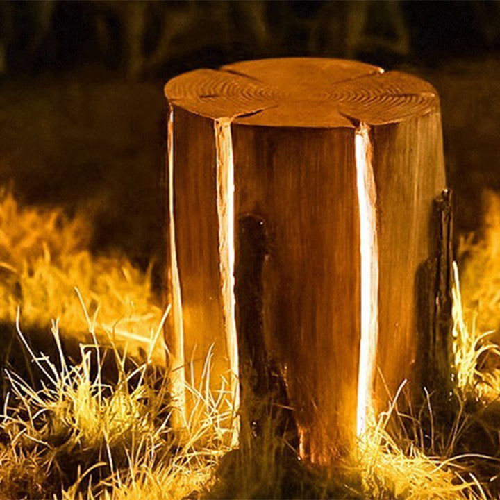 Art déco moderne solaire résistant à l'eau en résine fibre de verre cylindre souche d'arbre grain de bois LED éclairage paysager lumière extérieure pour jardin 