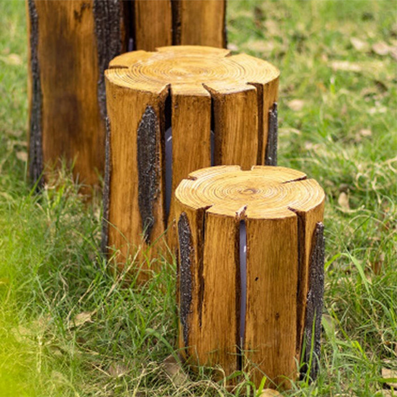 Moderne Art Deco Solar Wasserdichte Harz Fiberglas Zylinder Baumstumpf Holzmaserung LED Landschaft Beleuchtung Außen Licht Für Garten 