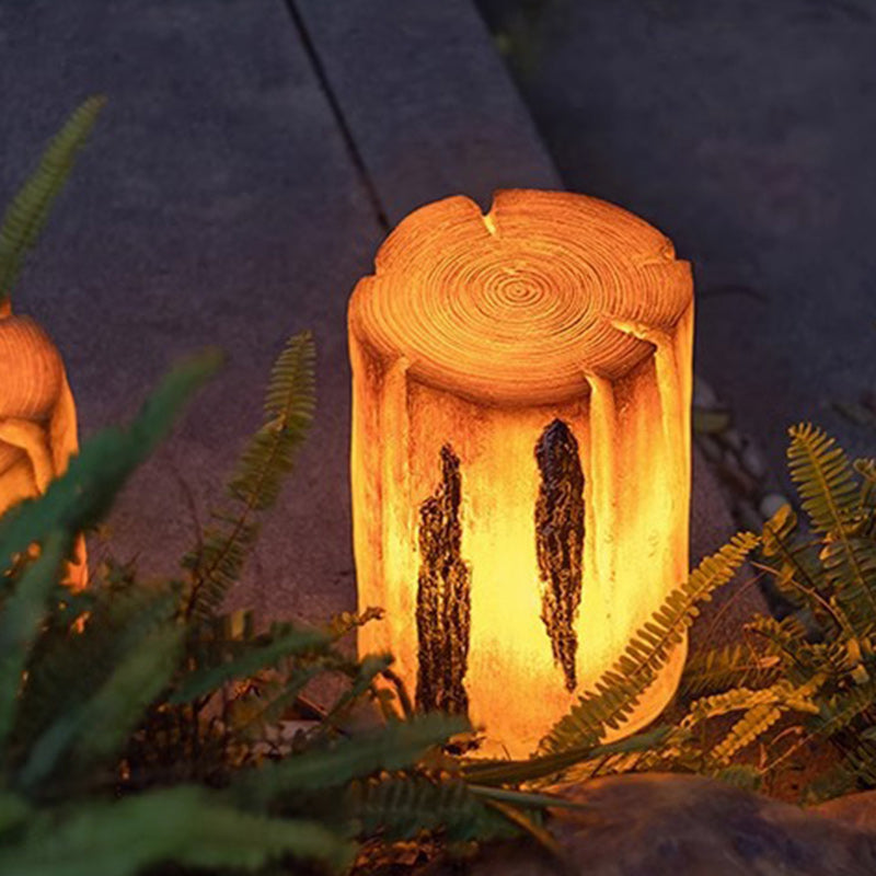 Moderne Art Deco Solar Wasserdichte Harz Fiberglas Zylinder Baumstumpf Holzmaserung LED Landschaft Beleuchtung Außen Licht Für Garten 
