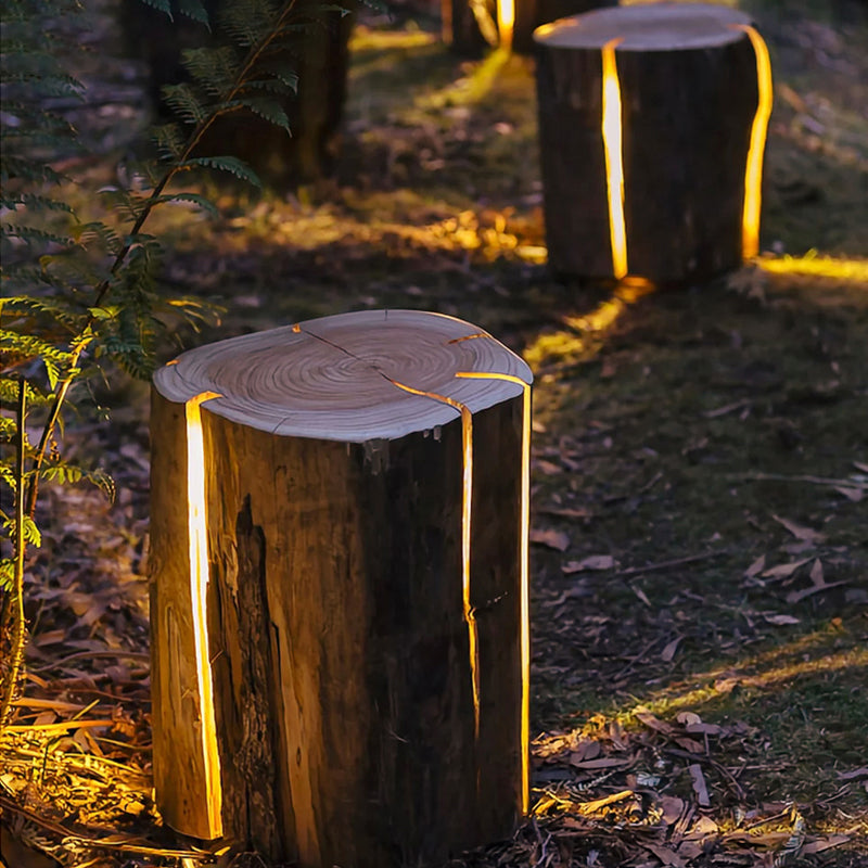 Moderne Art Deco Solar Wasserdichte Harz Fiberglas Zylinder Baumstumpf Holzmaserung LED Landschaft Beleuchtung Außen Licht Für Garten 