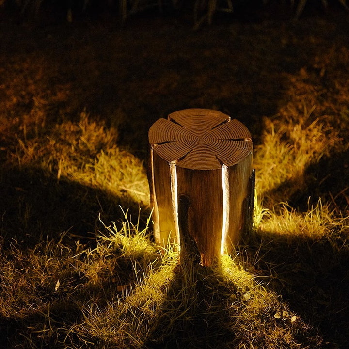 Art déco moderne solaire résistant à l'eau en résine fibre de verre cylindre souche d'arbre grain de bois LED éclairage paysager lumière extérieure pour jardin 