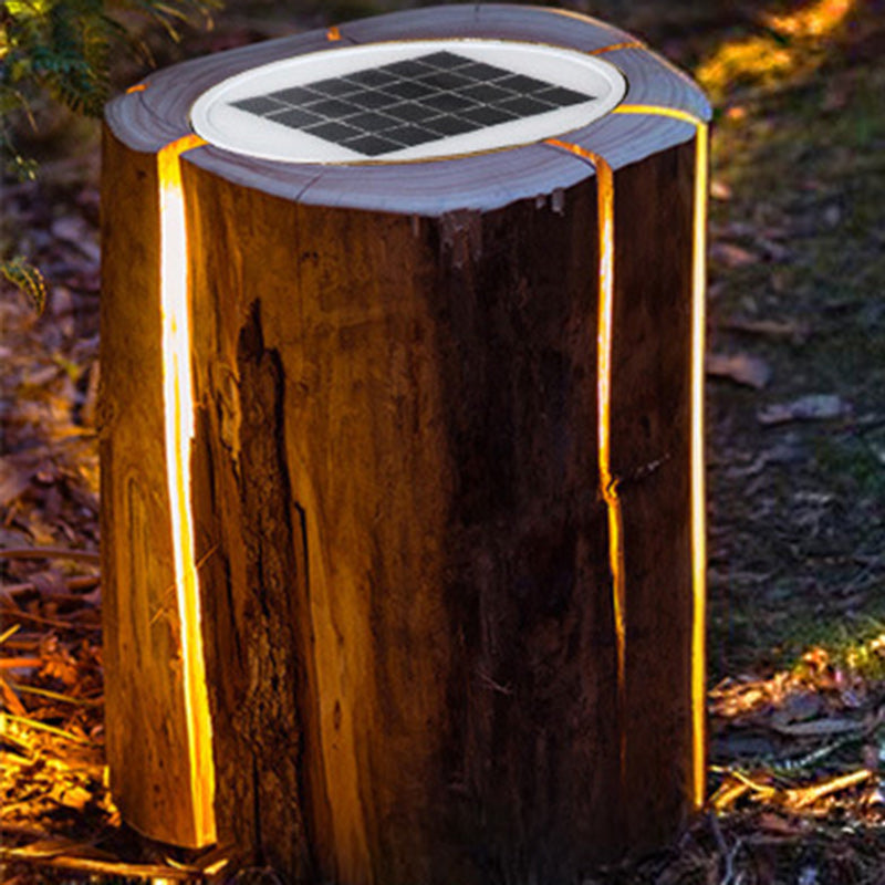 Moderne Art Deco Solar Wasserdichte Harz Fiberglas Zylinder Baumstumpf Holzmaserung LED Landschaft Beleuchtung Außen Licht Für Garten 
