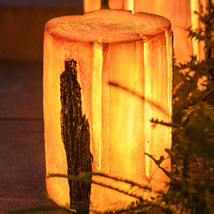 Moderne Art Deco Solar Wasserdichte Harz Fiberglas Zylinder Baumstumpf Holzmaserung LED Landschaft Beleuchtung Außen Licht Für Garten 