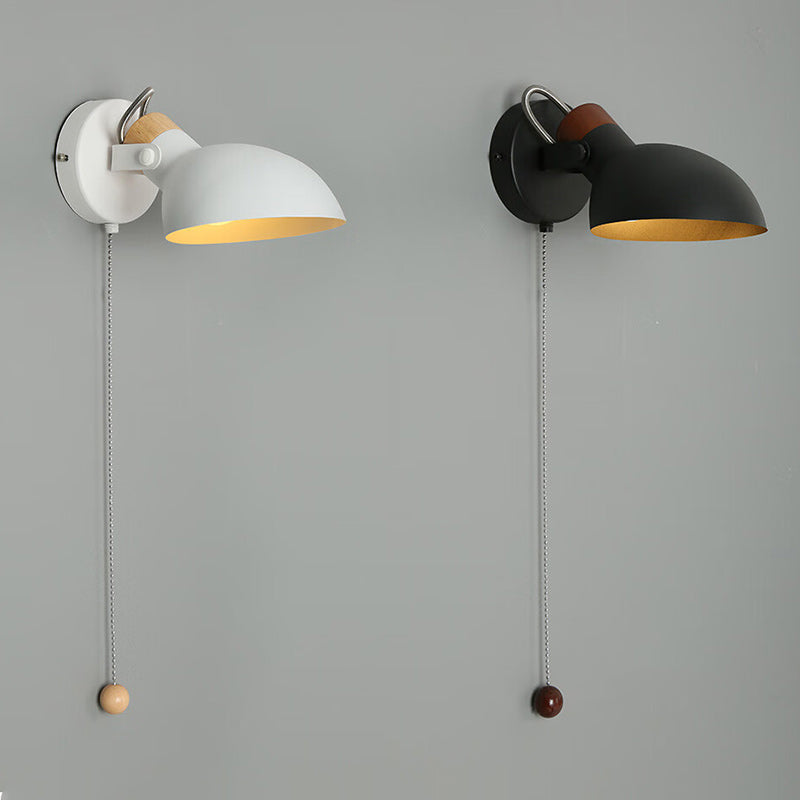 Aplique de pared de 1 luz con interruptor de cable giratorio de metal y madera redondo nórdico contemporáneo para mesita de noche 