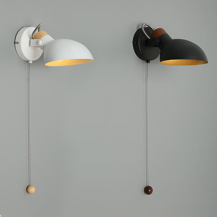 Aplique de pared de 1 luz con interruptor de cable giratorio de metal y madera redondo nórdico contemporáneo para mesita de noche 