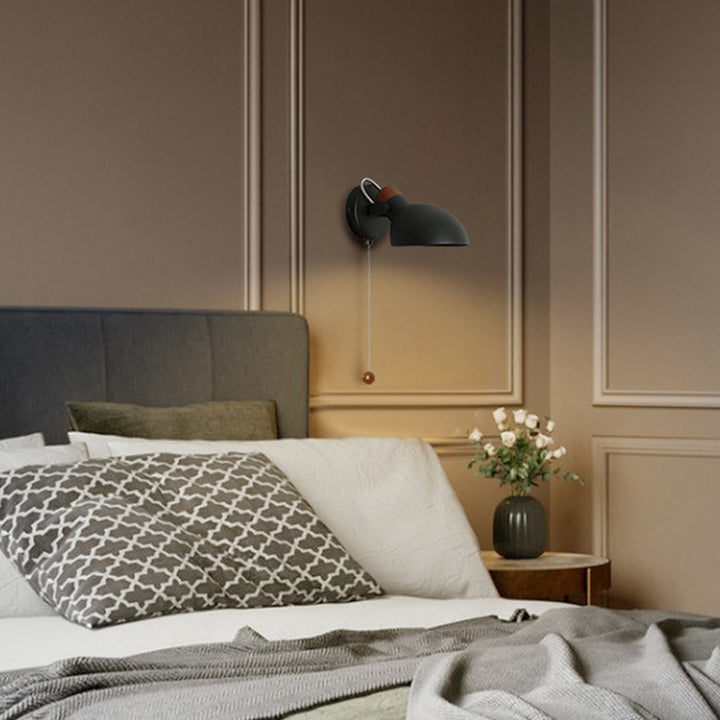 Aplique de pared de 1 luz con interruptor de cable giratorio de metal y madera redondo nórdico contemporáneo para mesita de noche 