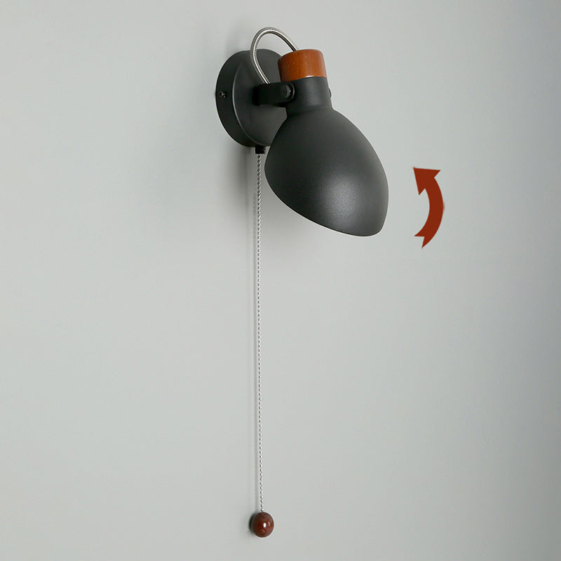 Aplique de pared de 1 luz con interruptor de cable giratorio de metal y madera redondo nórdico contemporáneo para mesita de noche 