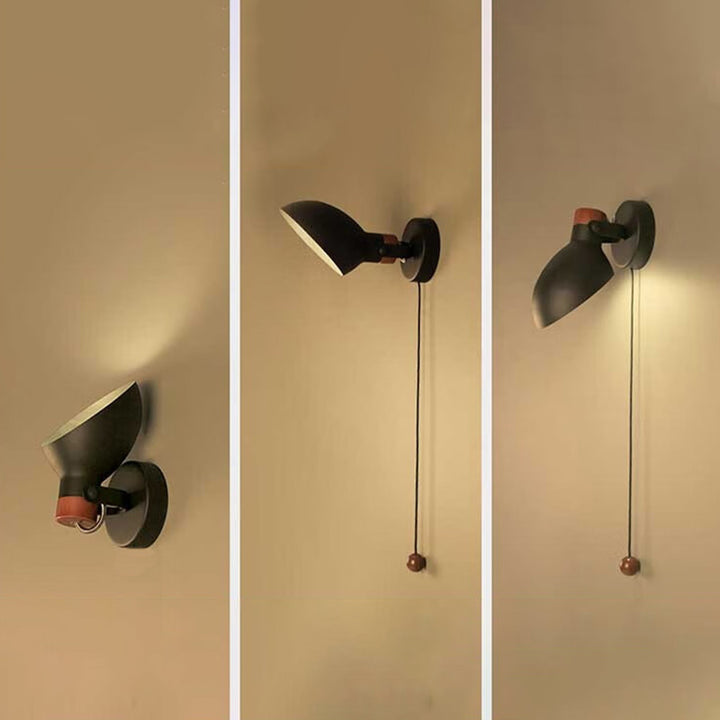 Aplique de pared de 1 luz con interruptor de cable giratorio de metal y madera redondo nórdico contemporáneo para mesita de noche 